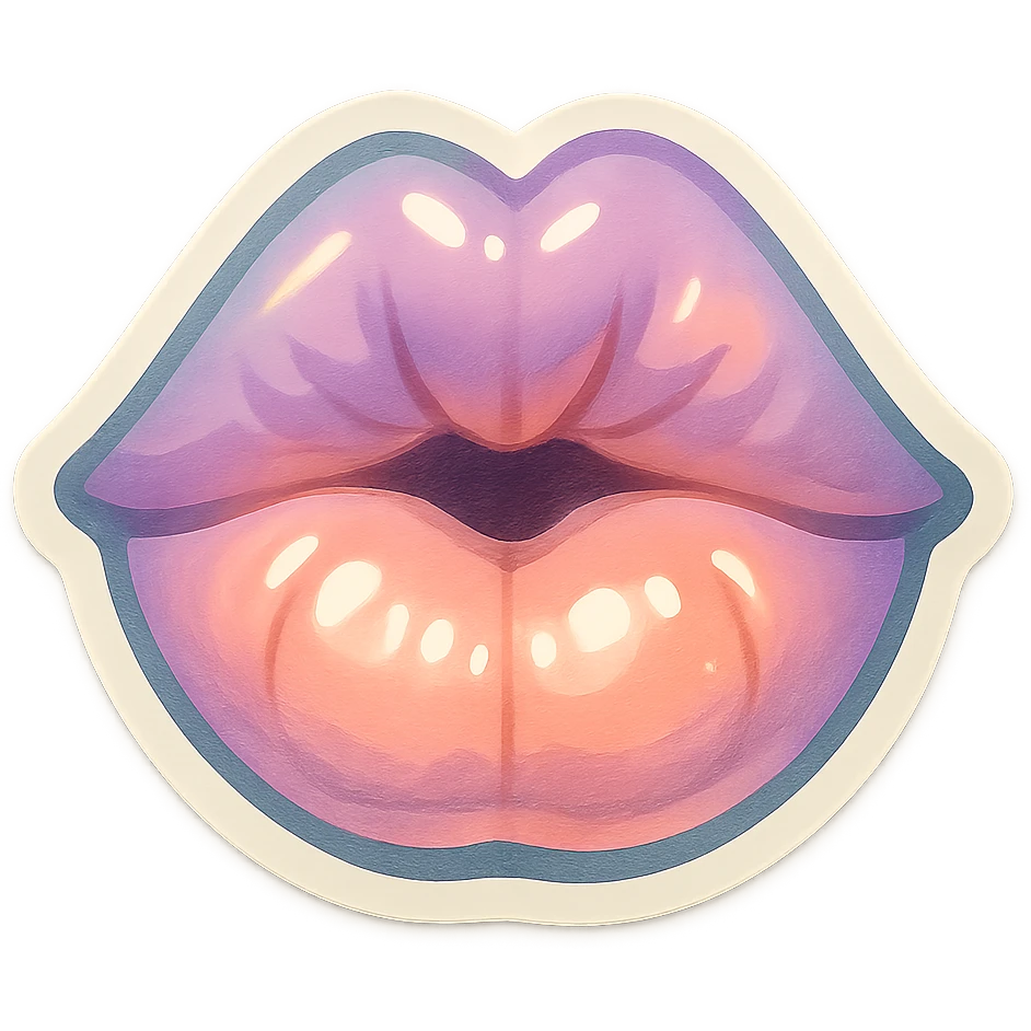 lips kissing the screen as if kissing the viewer, retro stickers style, thin clean contours, soft rounded shapes, pastel palette #98B5BC, #B5B3C1, #C9A3C9, #E4C0CA, #F7DCD1, #F7C0AA, detailed shadows and highlights, soft lighting, transparent background, no decorative elements emoji