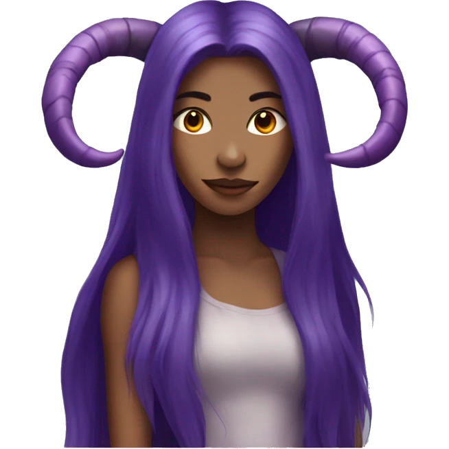 beautiful female with purple long hair hanging down with one demon horn emoji