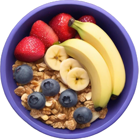 Açai bowl with granola sliced banana blueberry strawberry mango on top emoji