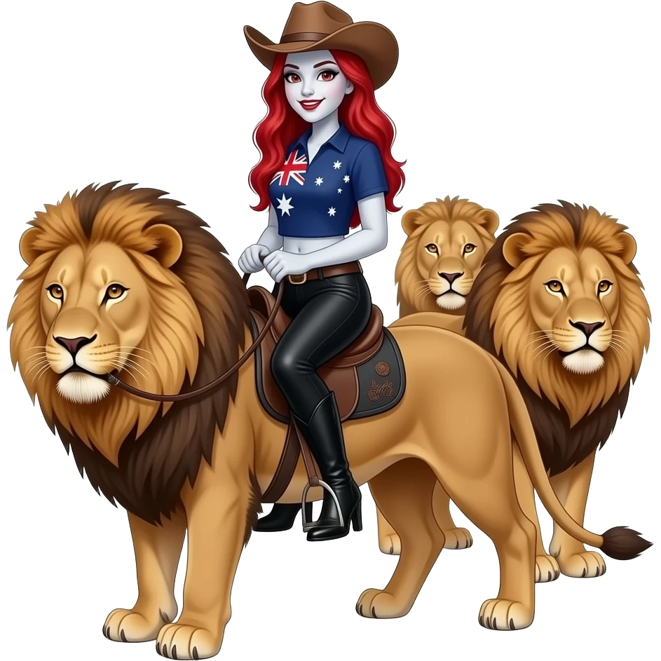 Vampiro femmina ADOLESCENTE con pelle bianca e capelli rossi  indossa dei leggins neri, gli stivali lunghi con tacco neri un maglia lunga con maniche corte con disegnata la bandiera della Australia e un cappello da cowboy che cavalca un leone insieme a un branco di leoni FEMMINE emoji