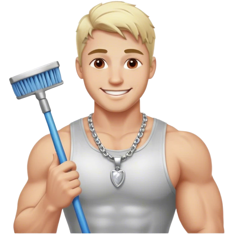 smiling muscular 28 year old man with silver jewelry, blonde hair with a touch of red in it cleaning emoji