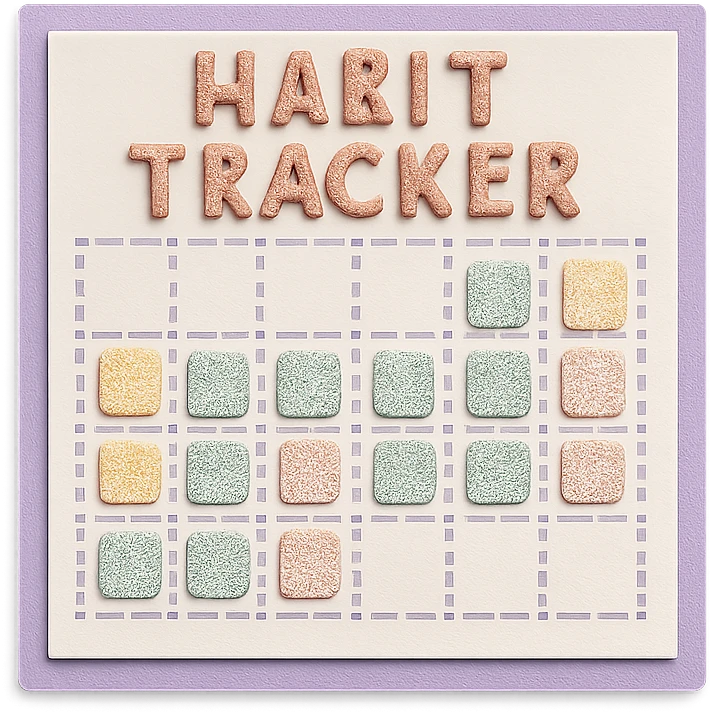 soft pastel gentle habit tracker grid with delicate dotted lines with a lavender border emoji