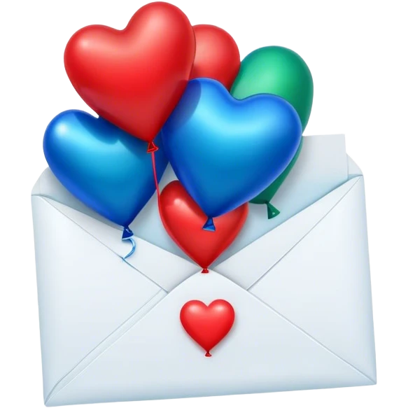 deep green love letter, three metallic blue heart-shaped balloons  emoji