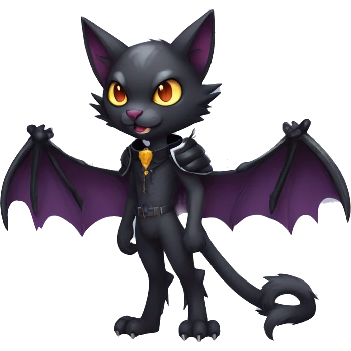  cool edgy anthro dark-themed animal vampiric cat-hybrid Fakemon with fangs and bat-wing-ears with a collar full body emoji