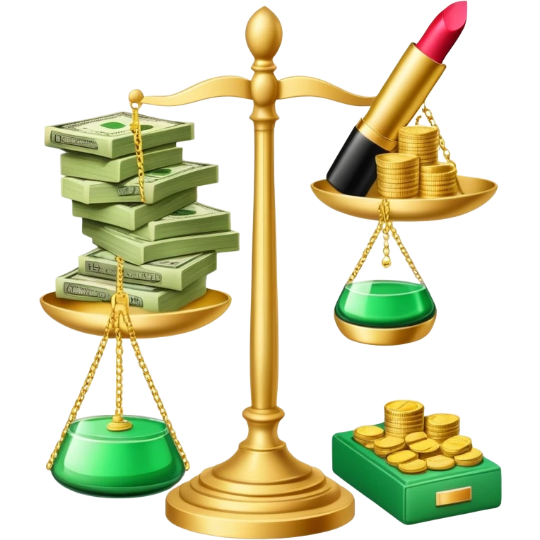 gold scale with a stack of green dollar bills and coins on one side and beauty products including lipstick, perfume, and makeup on the other emoji