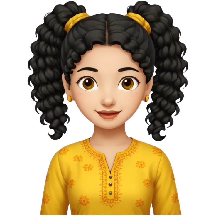 fair Indian girl, black curly hair in ponytail, yellow kurti, cheerful expression emoji