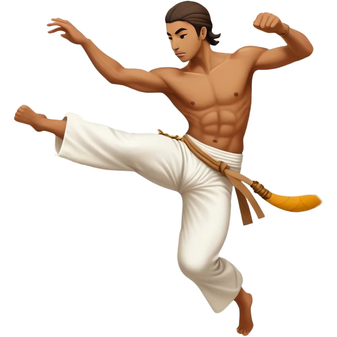 A capoeira fighter in mid-air performing a spinning kick, wearing traditional white capoeira pants and a cord, vibrant and flowing pose, surrounded by motion swirls emoji