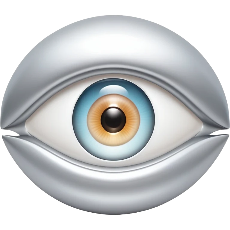 white capital letter O inside almond-shaped gradient eye, silver curved accents on both sides, symbolizing vision and clarity emoji