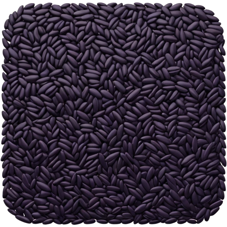 loose scatter of uncooked black rice grains, glossy elongated shape, deep purplish-black color, smooth slightly curved surface, subtle natural variations in tone, soft lighting, subtle shadows, emoji scale emoji