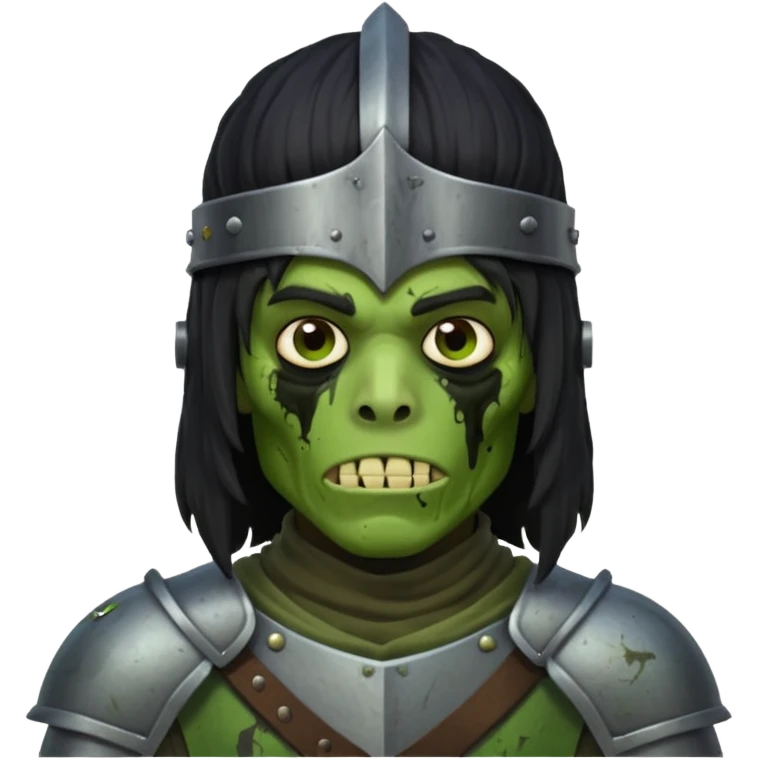 A black male with long black rough hair wearing a knight helmet with green zombie skin emoji