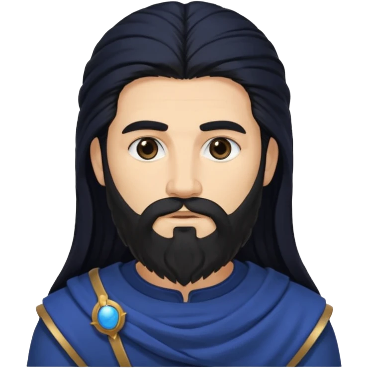 Saturn, Time God from Rome Mythology with long black hair and beard, black and dark blue outfit, light tan skin emoji