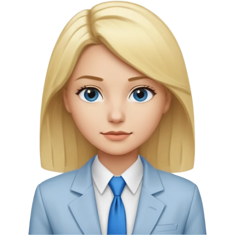 une femme blonde jolie avec des jolies traits avec une chemise blanche et une veste a manche longues et cravate bleu emoji