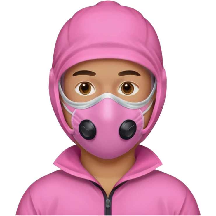 man in pink protection clothes with full-faced pink mask covered whole face emoji