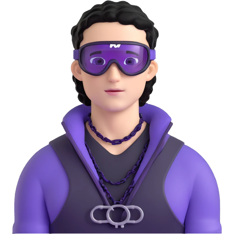 male athlete with white skin and moderately curly black hair on top with shaved sides, wearing ski goggles with purple frames and very dark black lenses, a simple plain black chain necklace, and an open shiny purple vest showing his chest and abs, no earrings emoji