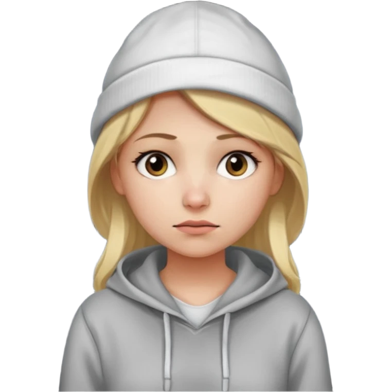 Blonde female tech developer manager going back to work after christmas holidays, looking tired and wearing a hoodie and cap emoji