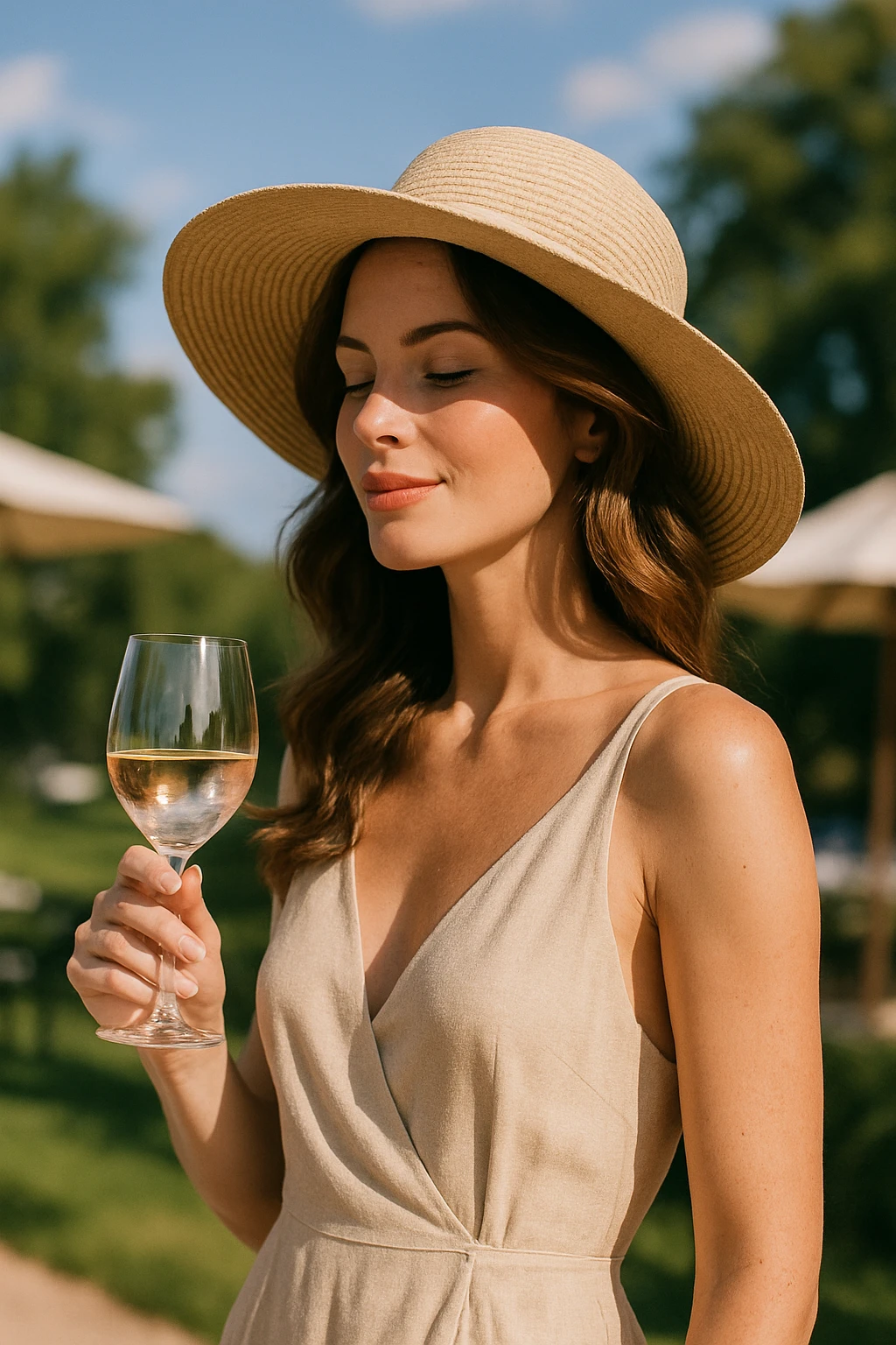 A woman wearing a sunhat holding a glass of wine emoji