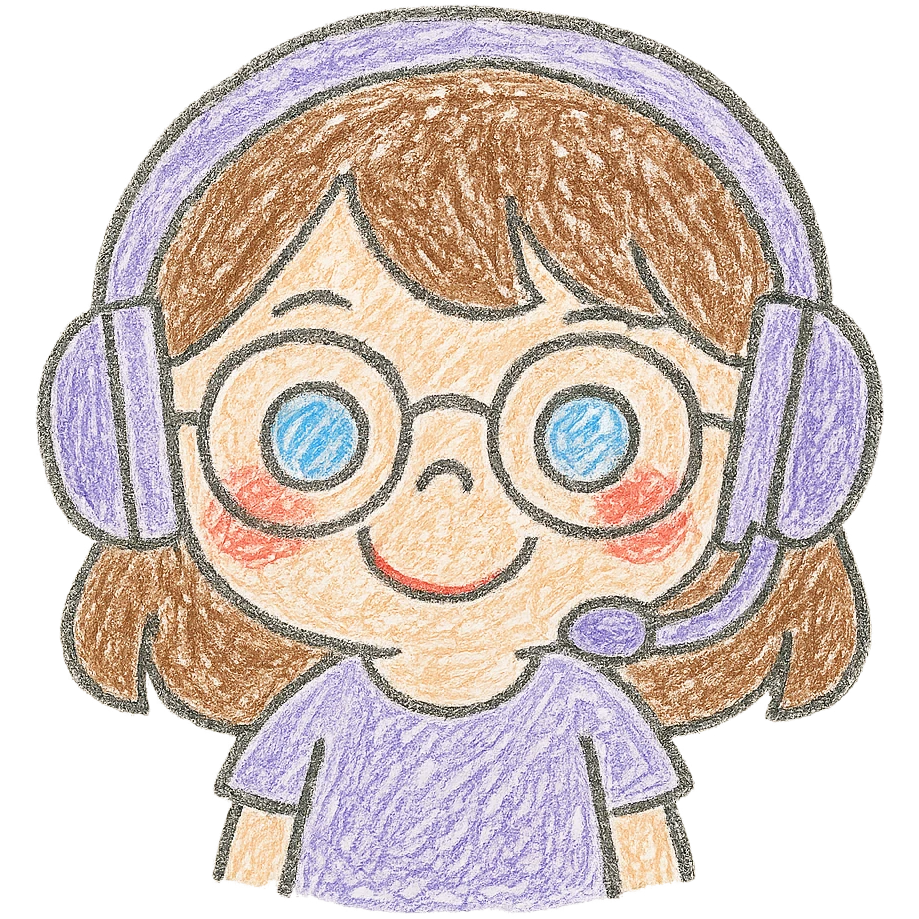 Edit the image of a female brunette with glasses and a purple gaming headset in chibi style to have a happy facial expression. Keep the background transparent. emoji