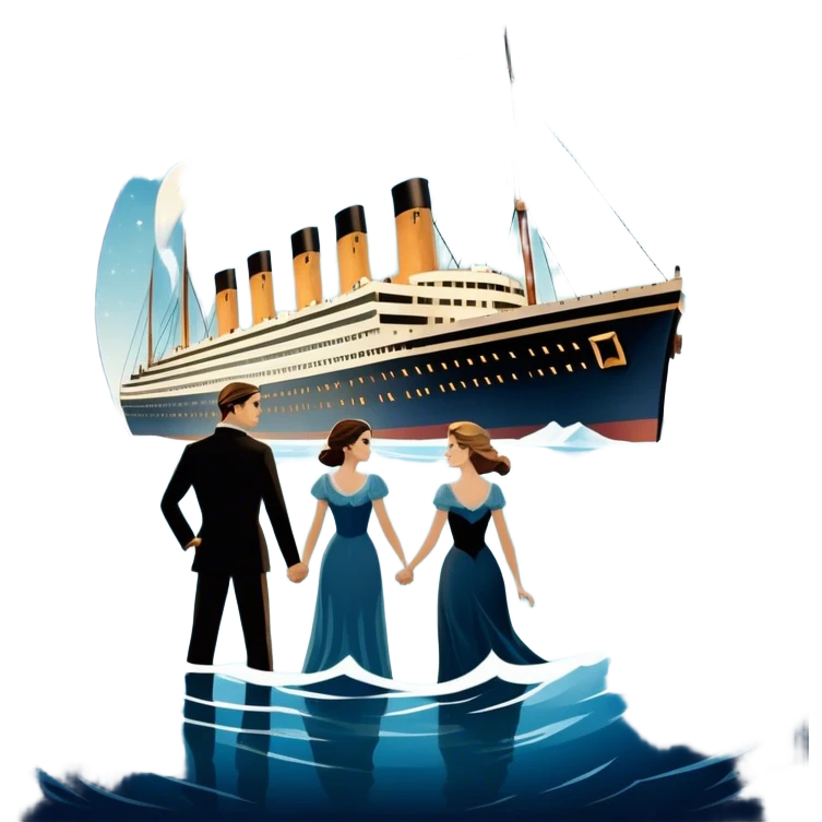 Icon for Titanic Movie: A vintage movie poster-style design featuring a dramatic scene of the ship, the iceberg, and a romantic silhouette of the main couple. Include elements like the ship’s bow, water splashes, and a starry sky in the background. Retro cinematic feel. Transparent background. emoji