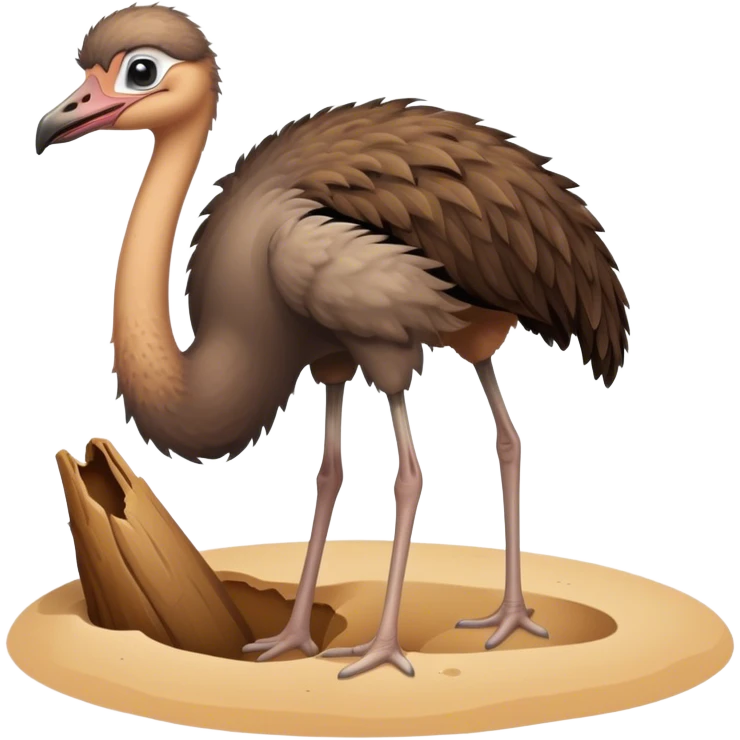 An ostrich standing next to a hole, with their neck bent and their head in the hole in the sand. Illustrating the idiom, to stick your head in the sand.  emoji