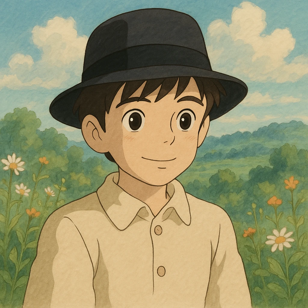 boy wearing a classic black fedora, gentle expression, soft colors, Ghibli style emoji