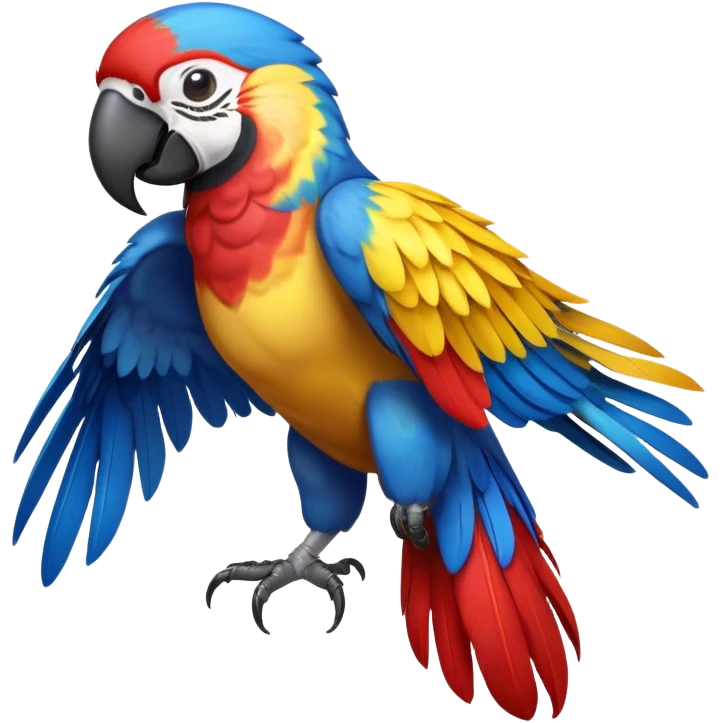 cinematic-macaw-realistic-full-body-standing-emoji,-vibrant-feathers-glowing-with-rich-reds,-blues,-and-yellows,-head-tilted-dramatically,-curved white-beak-gleaming,-piercing-dark-eyes-exuding-confidence,-simplified-yet-realistic-focused emoji