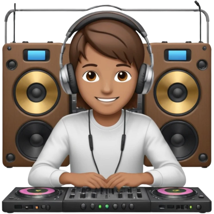 White dj mixing with dj booth, headphone on head, no cap, not bald, brown hair  emoji