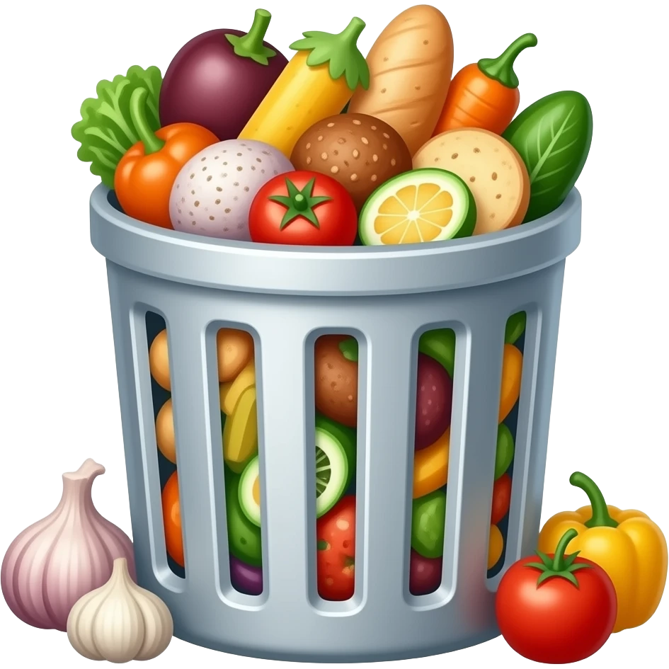 Food waste bin with overflowwing food emoji