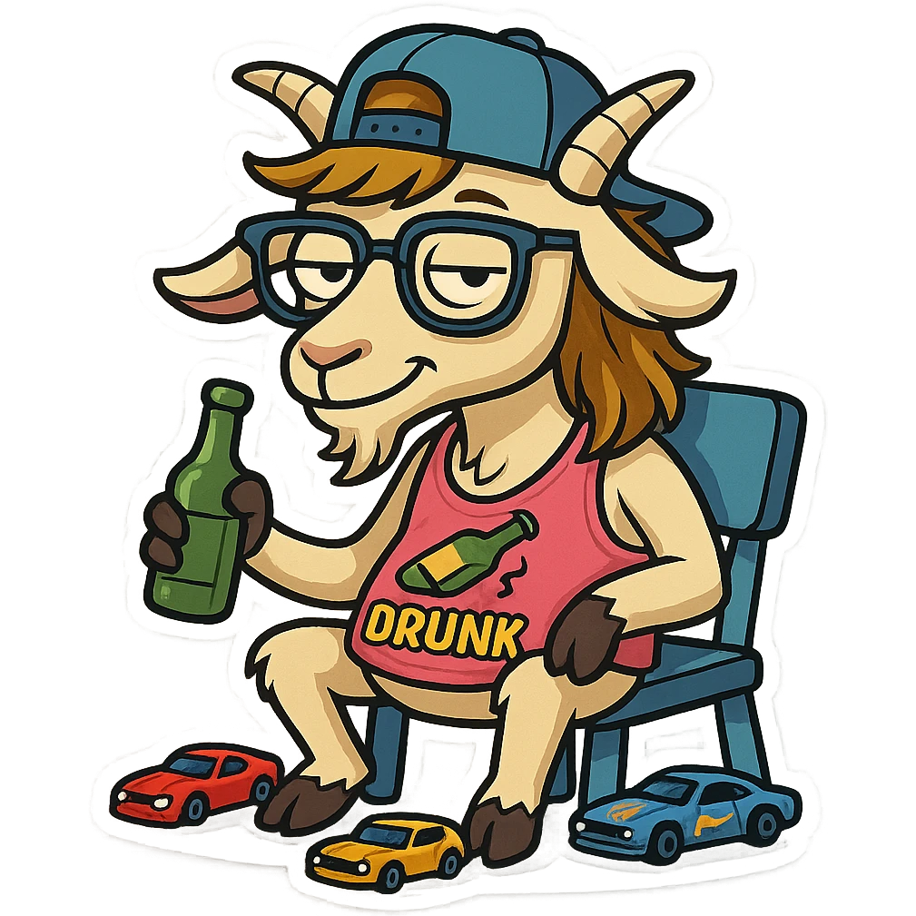 goat for Telegram stickers inspired by reference https://attic.sh/feoducyurkpqwz0la088soao98sx: wearing a cap, glasses, mullet hairstyle, pink drunkard tank top, sitting on a chair, with hot wheels cars emoji