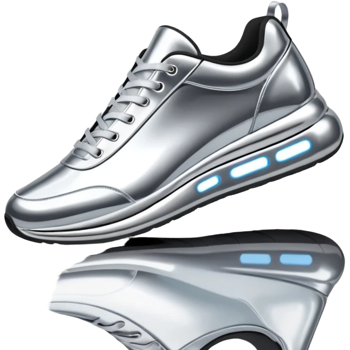 A pair of futuristic sneakers emoji made of silver chrome, sleek streetwear design, smooth metallic panels, subtle reflections, luxury swag aesthetic, iOS emoji style, centered, clean white background emoji