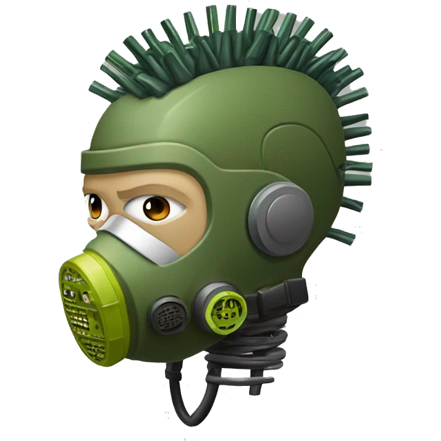 Olive green mohawk cyborg head with respirator mask and circuits emoji