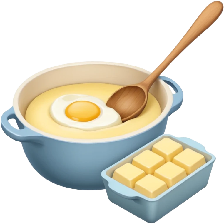 A cream ceramic baking bowl with a wooden spoon in it, next to it is a carton of eggs and butter emoji