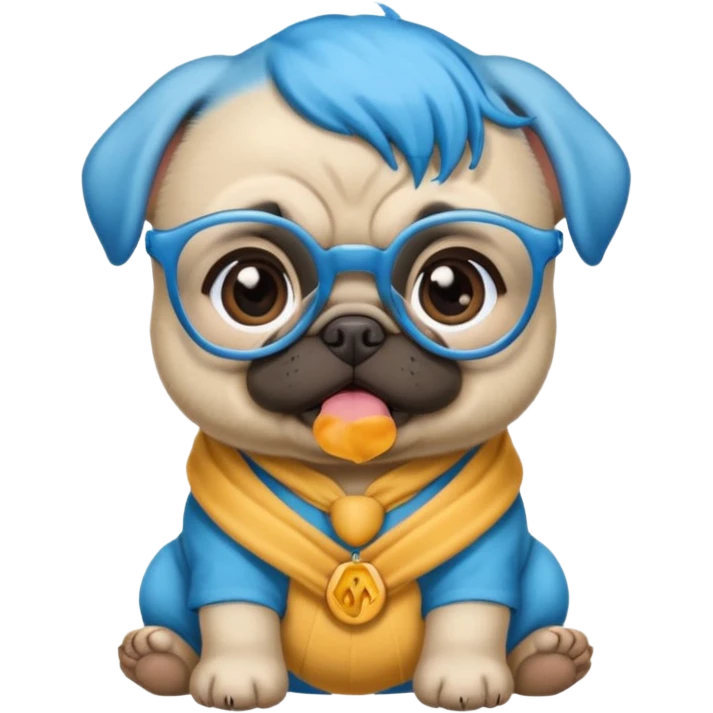 long blue haired baby pug wearing glassess emoji