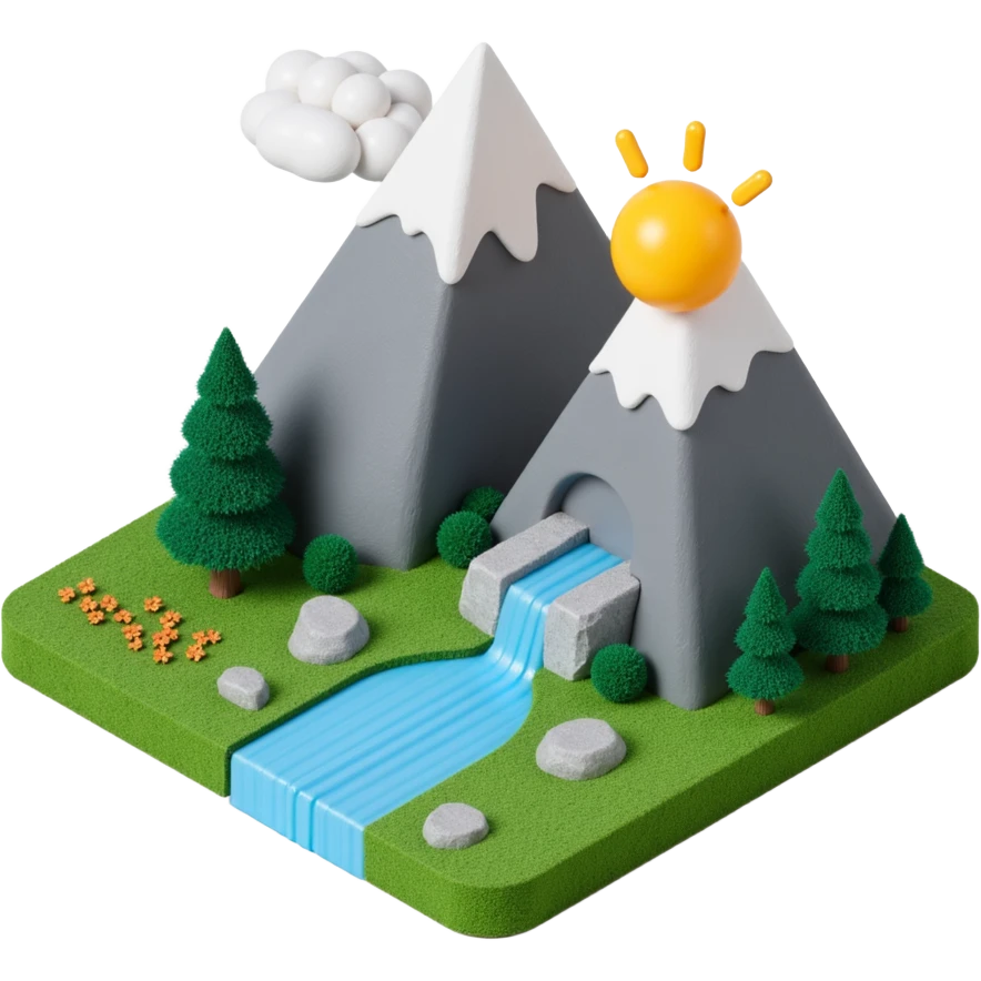mountains with river flowing and sun emoji