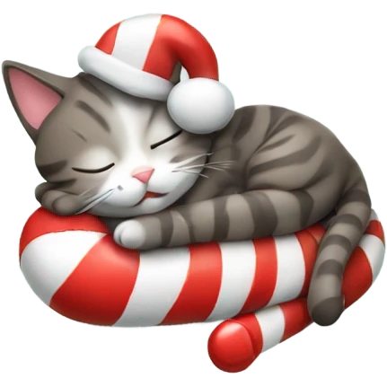 Happy sleeping cat holding a candy cane emoji