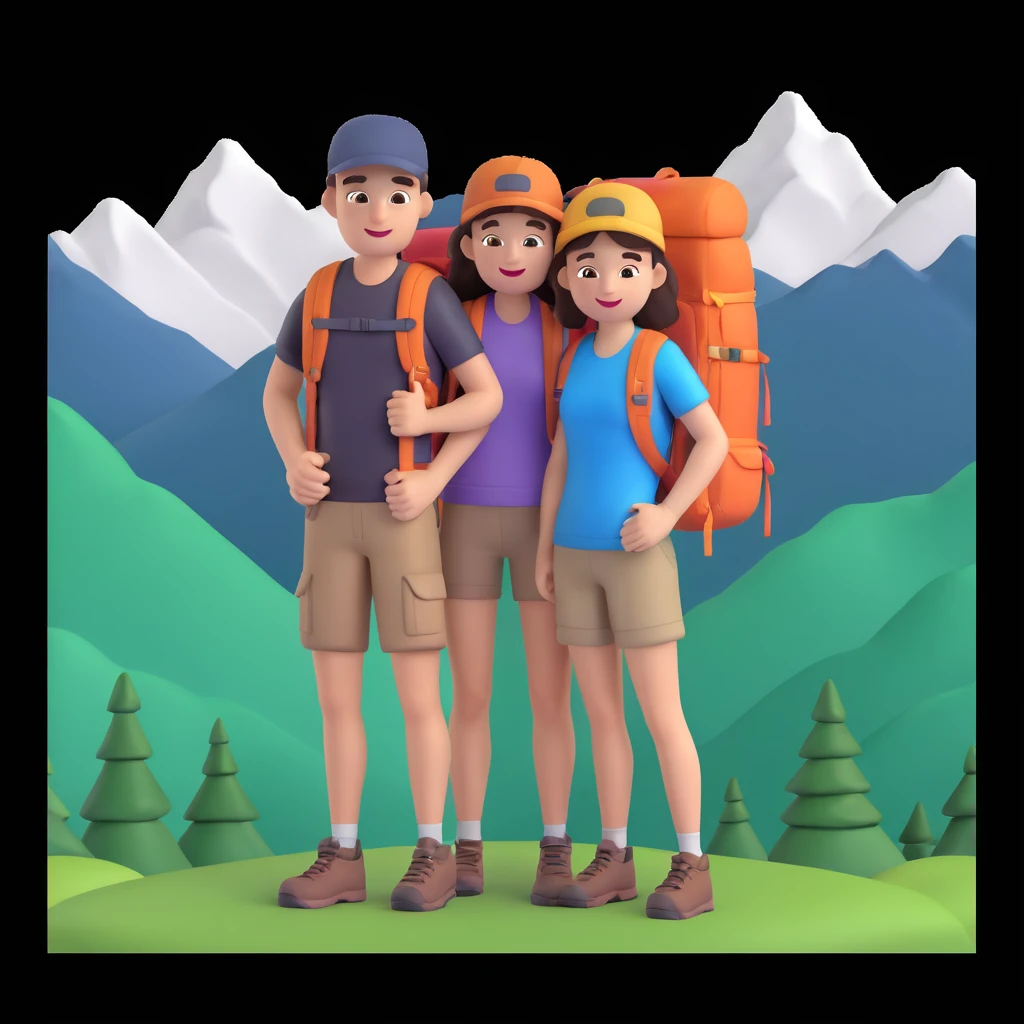 back packer couple posing, mountains in background,   close up pose emoji