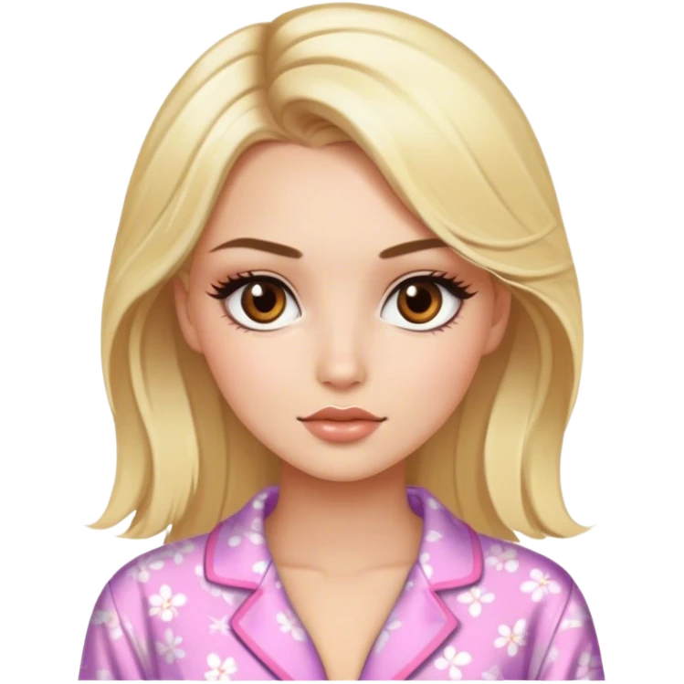 blonde model with brown eyes, luxury makeup, pajamas emoji