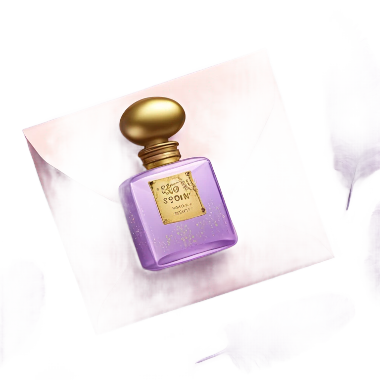 Aesthetic still life of soft violet mimosa flowers, a vintage-style pink perfume bottle, and a lavender love note delicately placed in an envelope.
 emoji