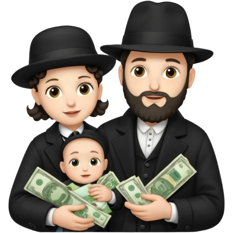 Jewish rabbi wearing traditional religious apparel with two side hair curls holding money and baby emoji