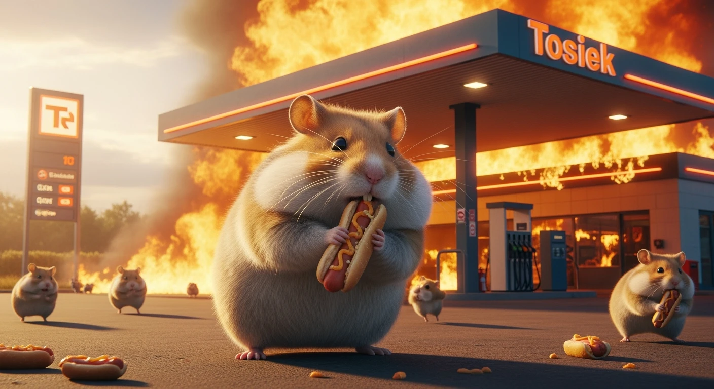 Cinematic still of A portrait of a fat hamster eating hotdog on gas station, gas station is in fire, other hamster fun away, sunny day, back light explosion , gas station named "Tosiek" (Realistic) emoji