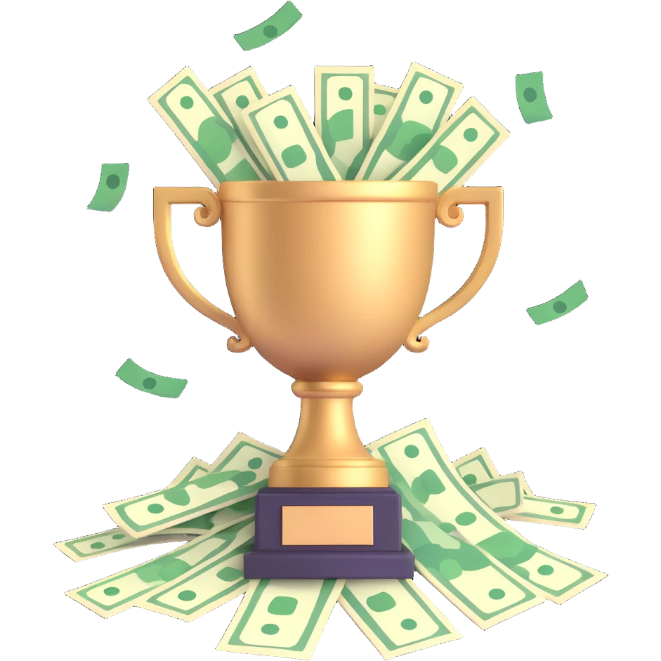 highly-detailed, realistic 3D icon of a large trophy overflowing with cash and dollar bills, bright lighting, transparent background emoji