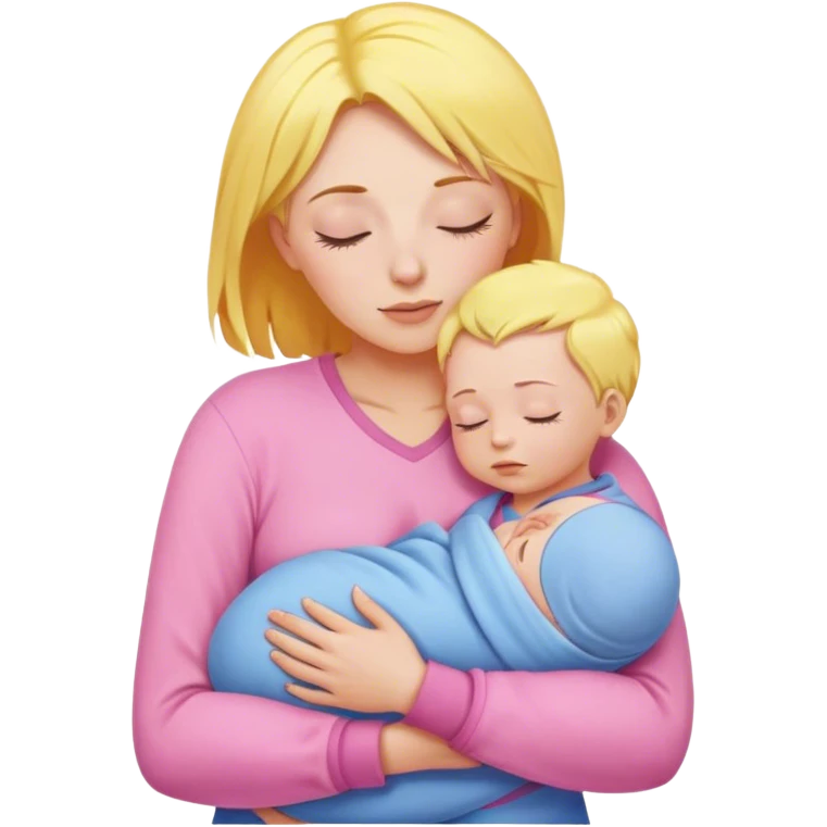 A mother with yellow hair and pink clothes holds a sleeping baby in blue clothes emoji