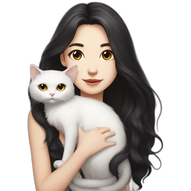 A girl with long dark hair and on her left shoulder and neck lies a white fluffy cat with different eyes emoji