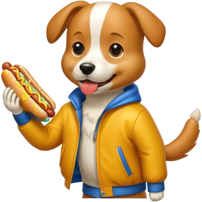 Imagina un perro con chamarra comiendo un hot dog emoji