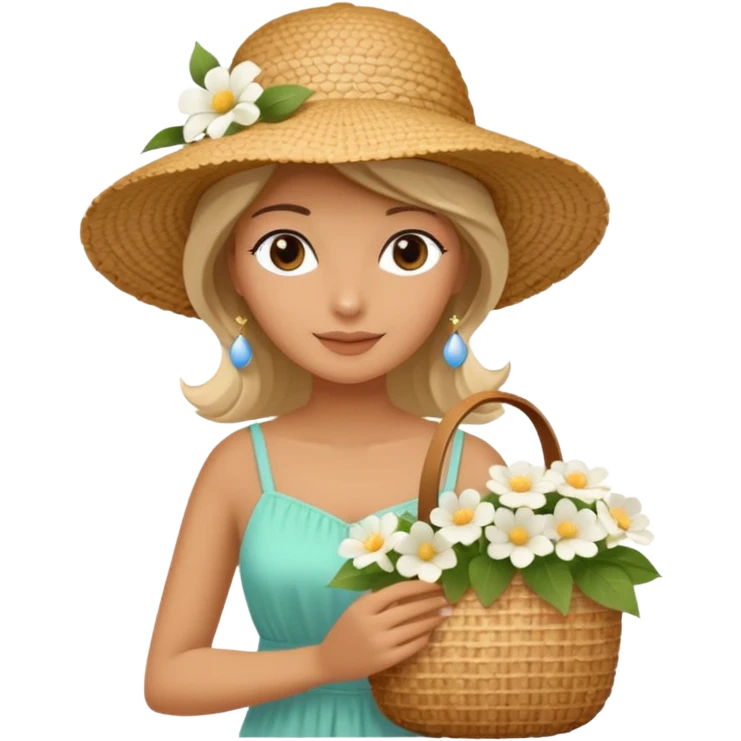 summer beautiful wicker hat, beach beige bag and bouquet of white flowers emoji