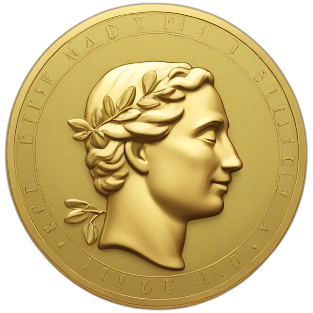 gold coin with classic label in center and minimal laurel emoji