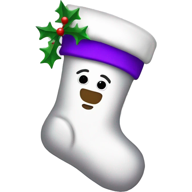 White Christmas stocking with purple emoji