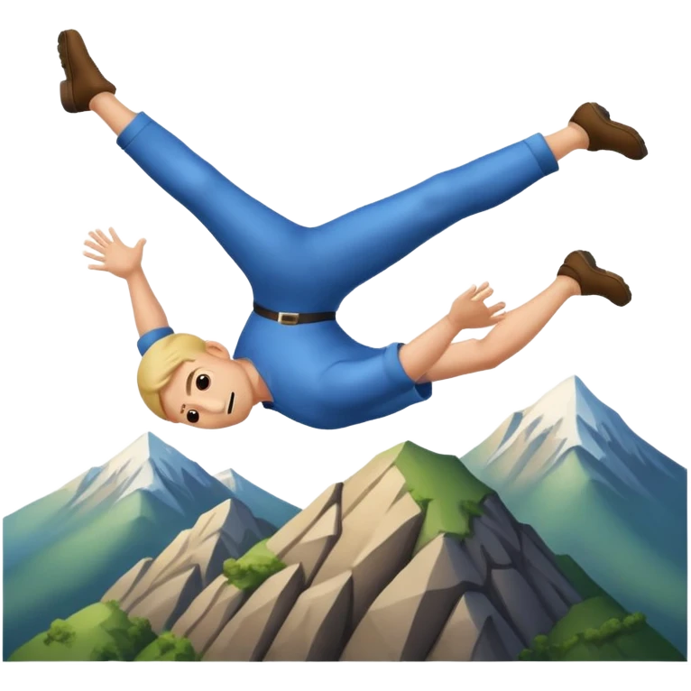 apple style emoji of a man in mid-air, head over heels, falling past a mountain emoji