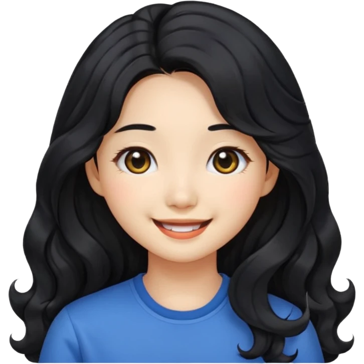 cute Korean girl with wavy long black hair and black eyes, emoji style emoji