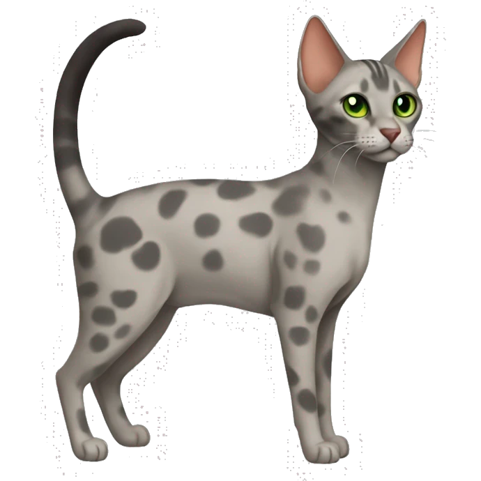 Short-haired oriental cat ,full body , grey coat with spots , green eyes , terracotta nuzzle emoji