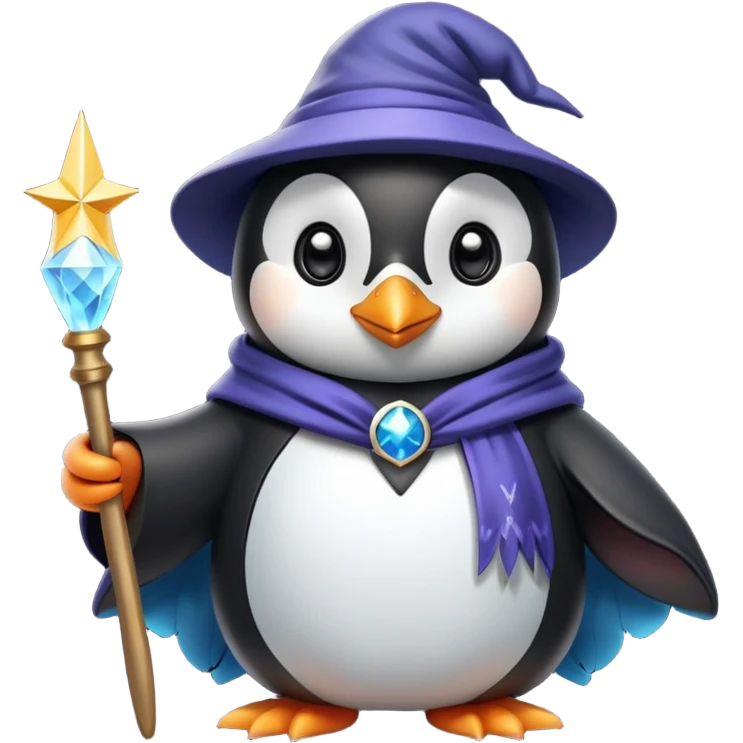 A cute penguin wearing a wizard hat and robe, holding a magic wand emoji